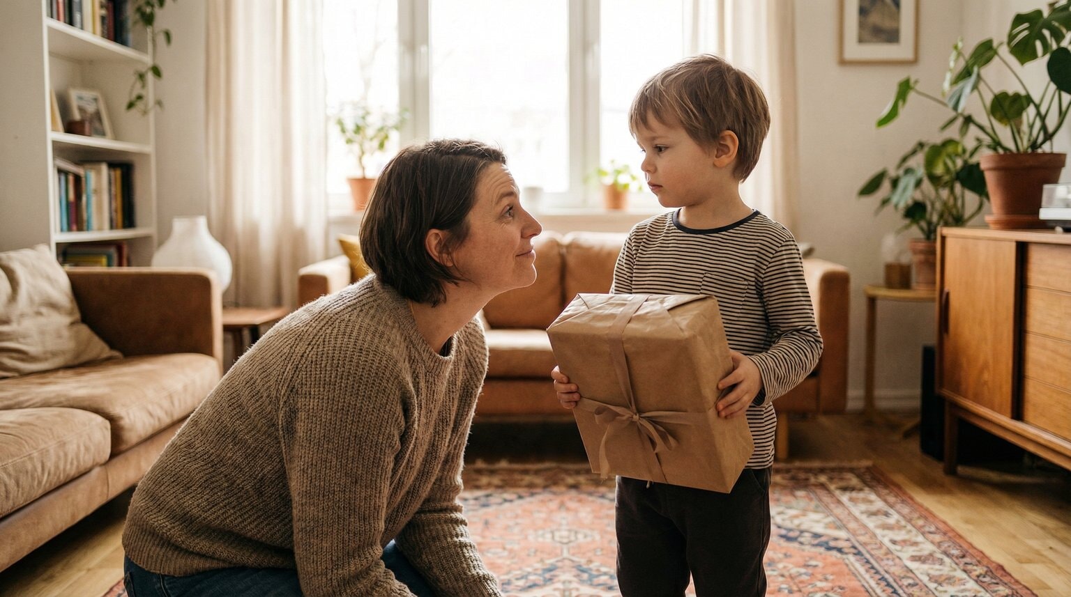 Parent kneeling at eye level with young child holding a gift having a warm conversation