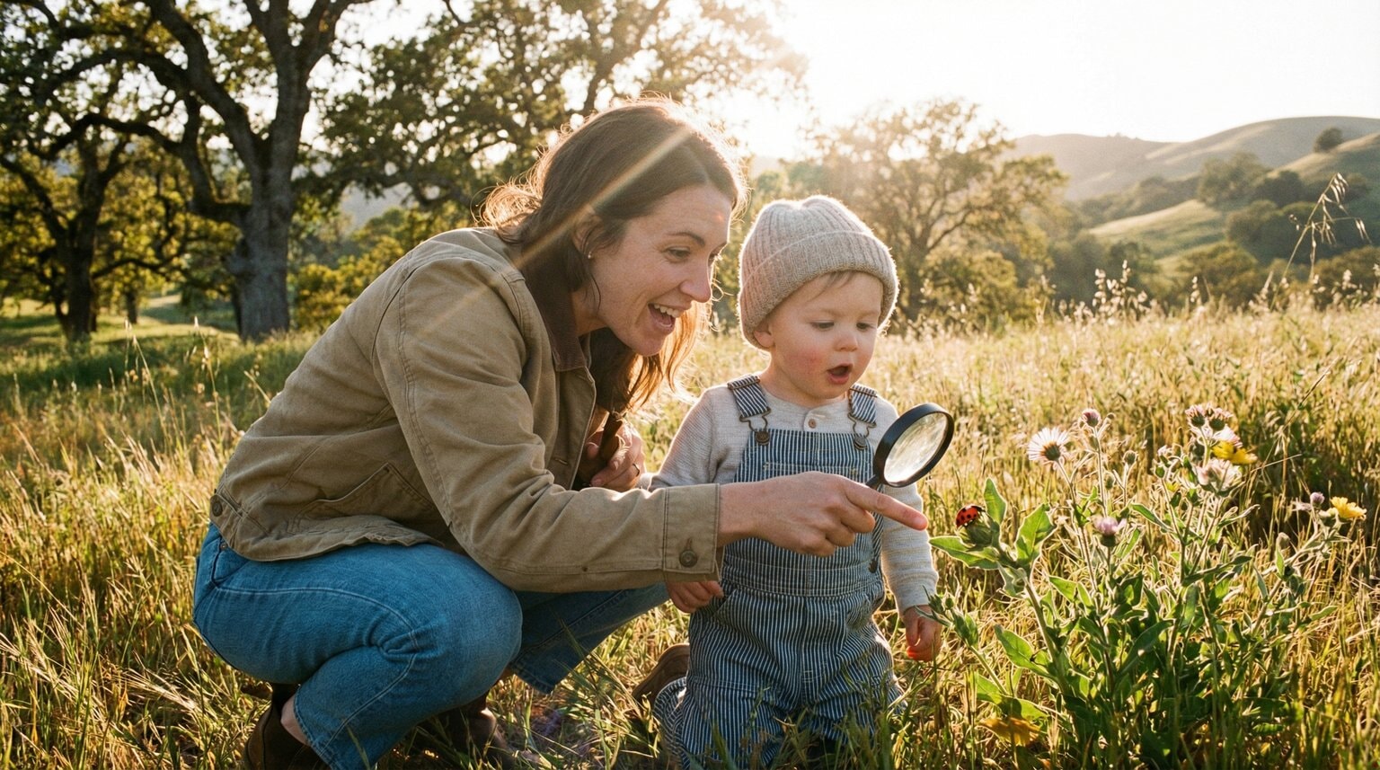 Parent crouching with child in golden hour light pointing at something in nature with genuine wonder