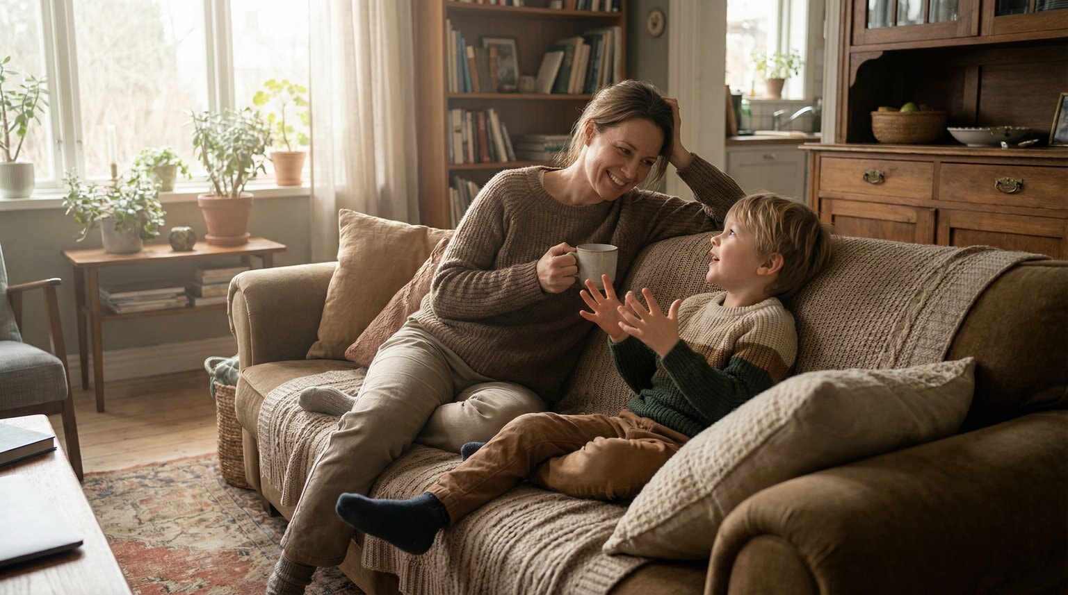 Parent and elementary-age child sitting on couch having a warm conversation about gratitude