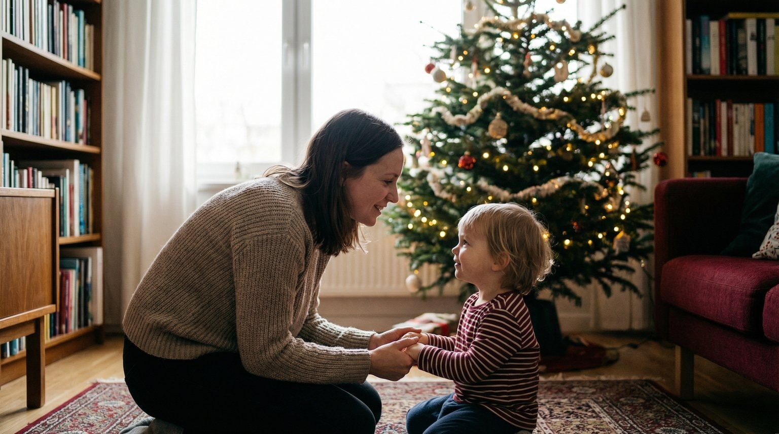 Parent kneeling to child's level having gentle empathetic conversation in living room