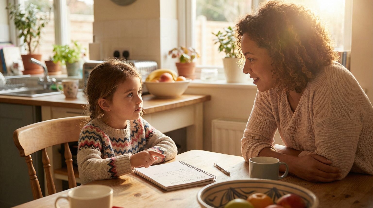 Parent and young child sitting at kitchen table in warm morning light having genuine conversation with wishlist between them
