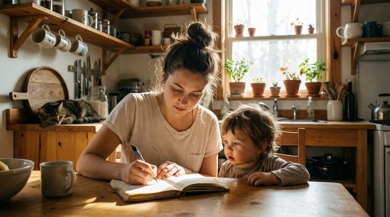 Young parent writing on notepad at kitchen table while curious child watches from beside them