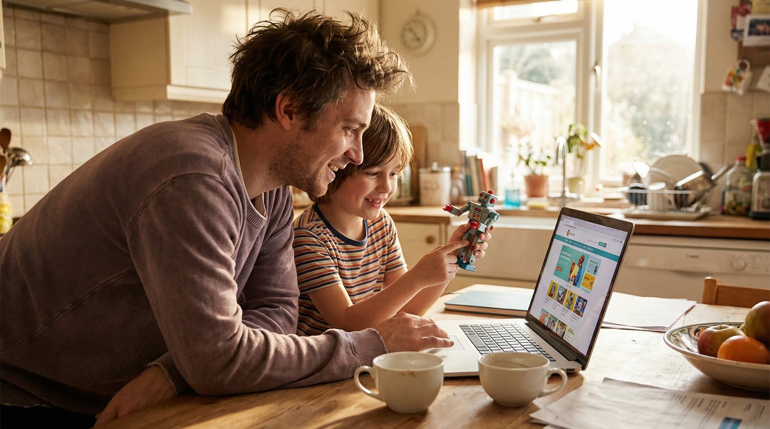 Parent and child at kitchen table looking at laptop while child holds physical toy, comparing options