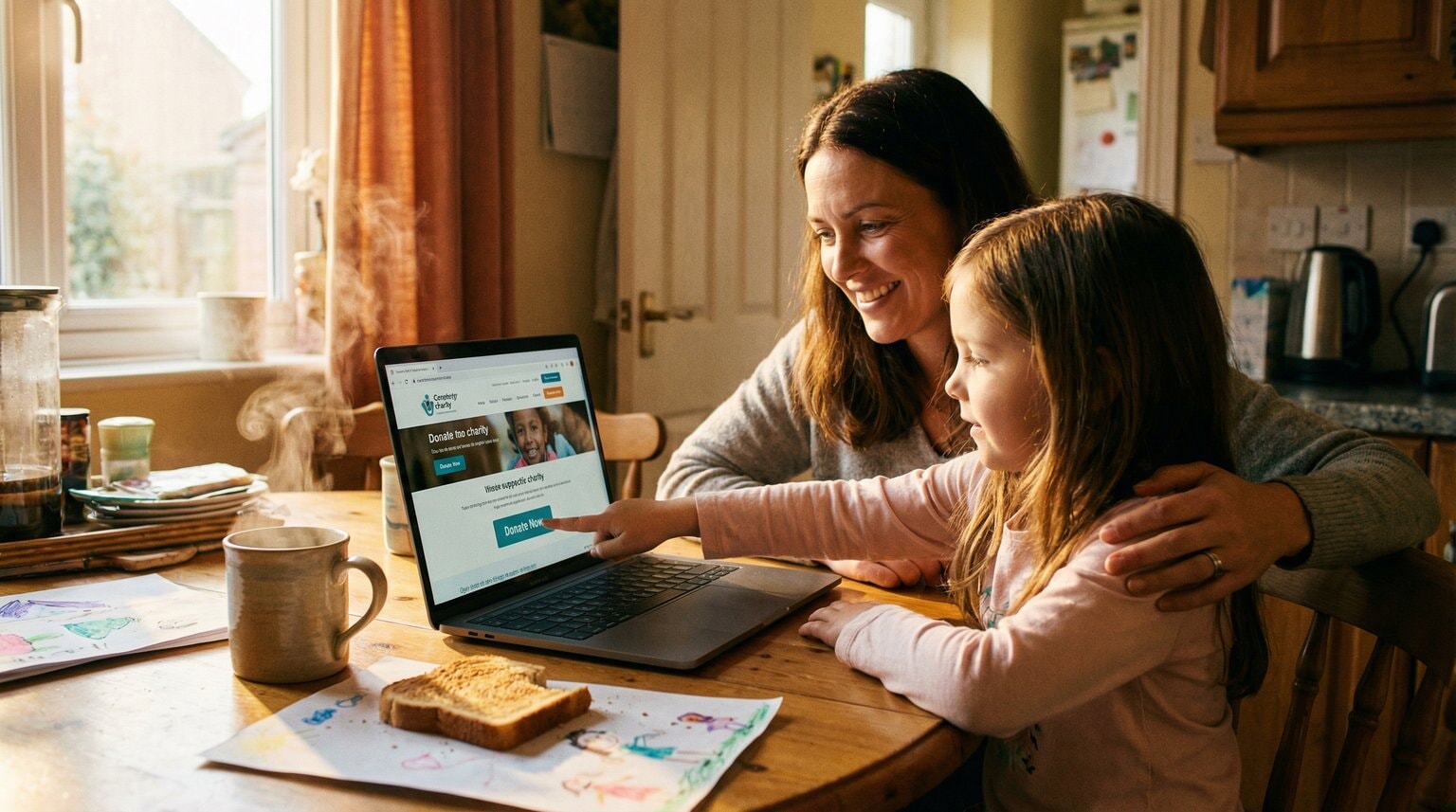 Parent and elementary-age child at kitchen table with laptop, child reaching to click donate button