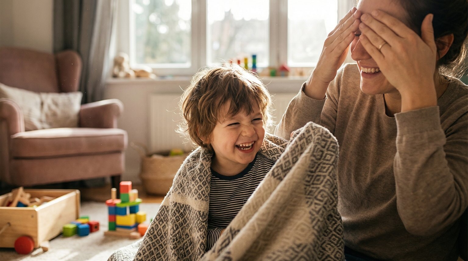 Parent and young child laughing joyfully together during playful moment in sunny living room