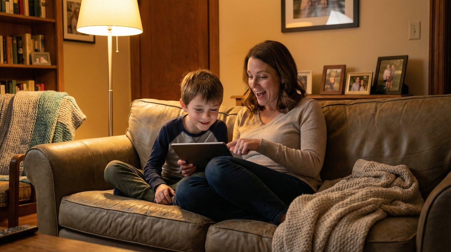 Parent and child sitting together on couch looking at tablet screen engaged in conversation