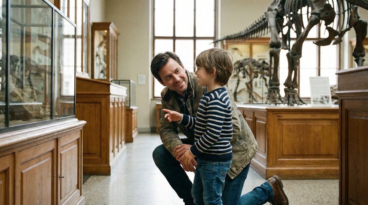 Parent kneeling at eye level with child in museum setting genuinely listening as child points excitedly