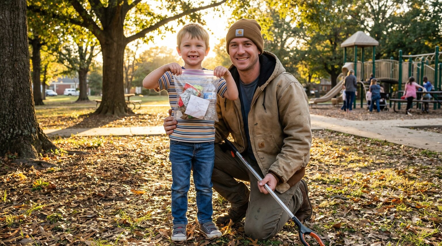 Parent and young child doing park cleanup together with child proudly holding small bag of collected litter
