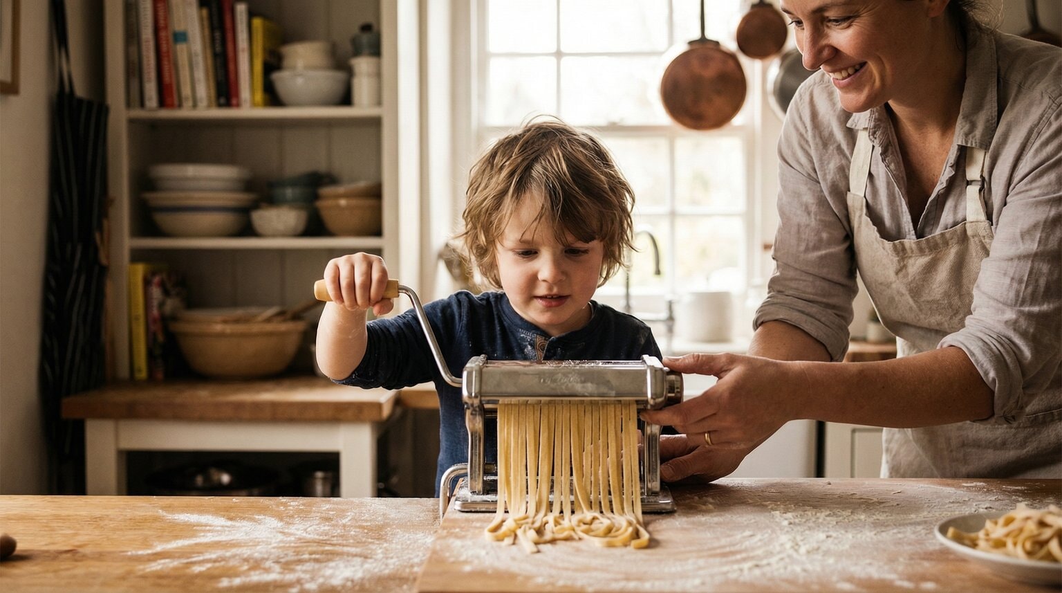 Parent and child making fresh pasta together using hand-crank pasta maker with flour-dusted counter