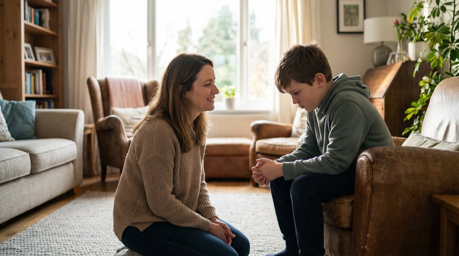 Parent kneeling to eye level with hesitant preteen having gentle patient conversation