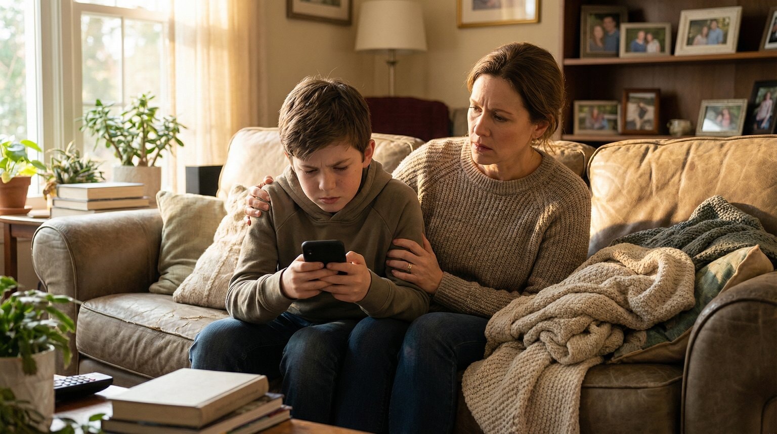 Parent sitting with preteen on couch looking with gentle concern at child holding phone