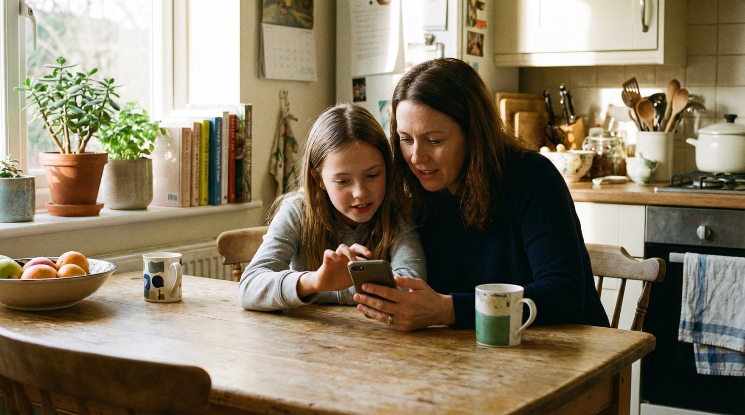 Parent and tween looking at smartphone together at kitchen table with curious expressions