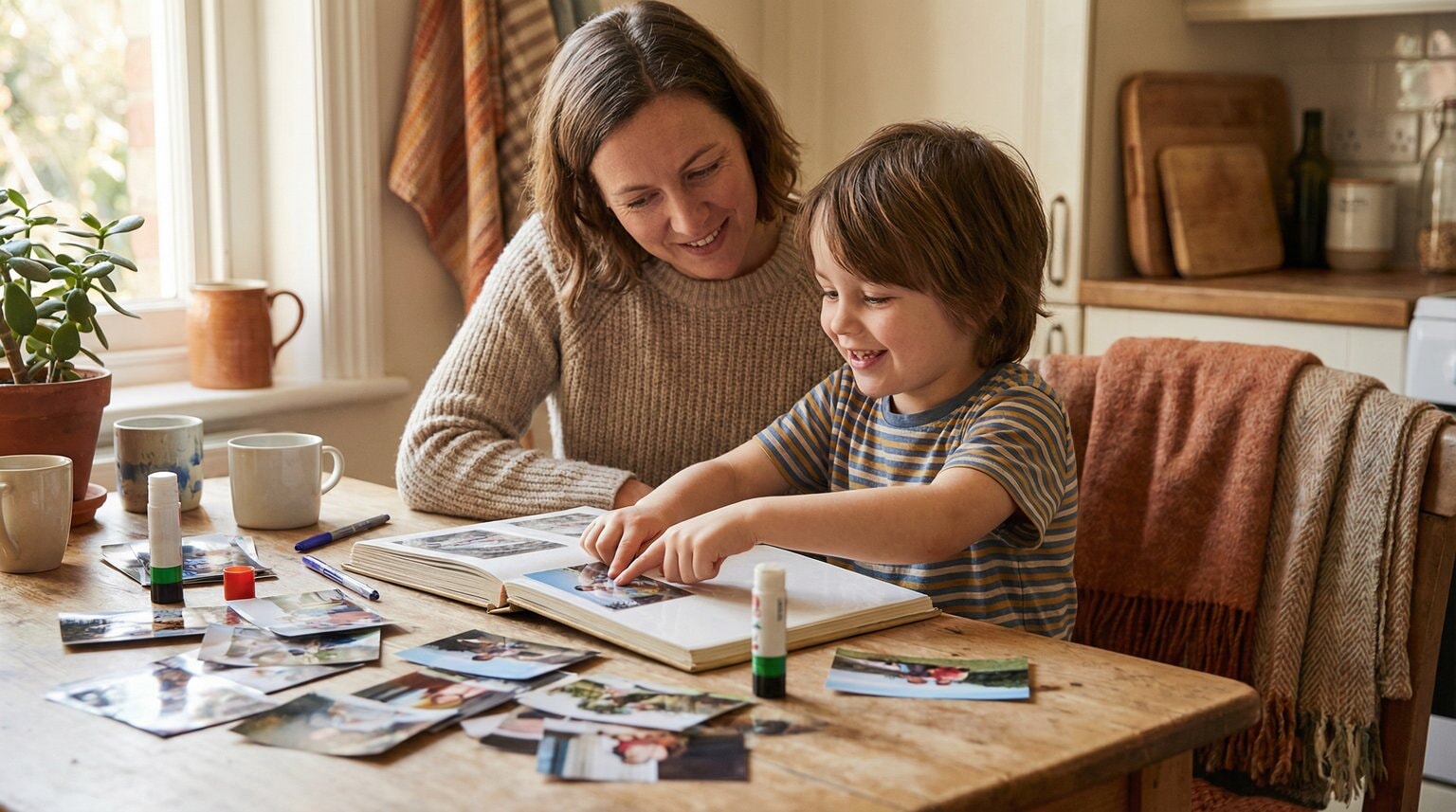 Parent and young child collaborating on photo book at kitchen table with printed photos scattered around
