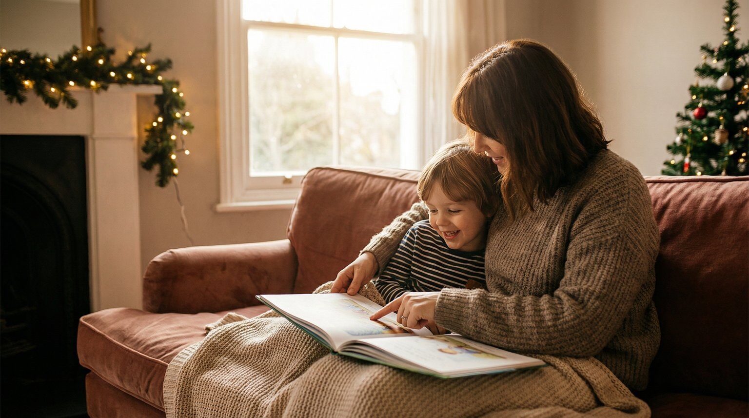 Parent and child reading a picture book together on couch with Christmas decorations in background