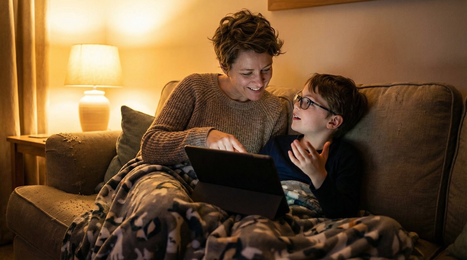 Parent and child sitting together having calm conversation before screen time with tablet turned off nearby