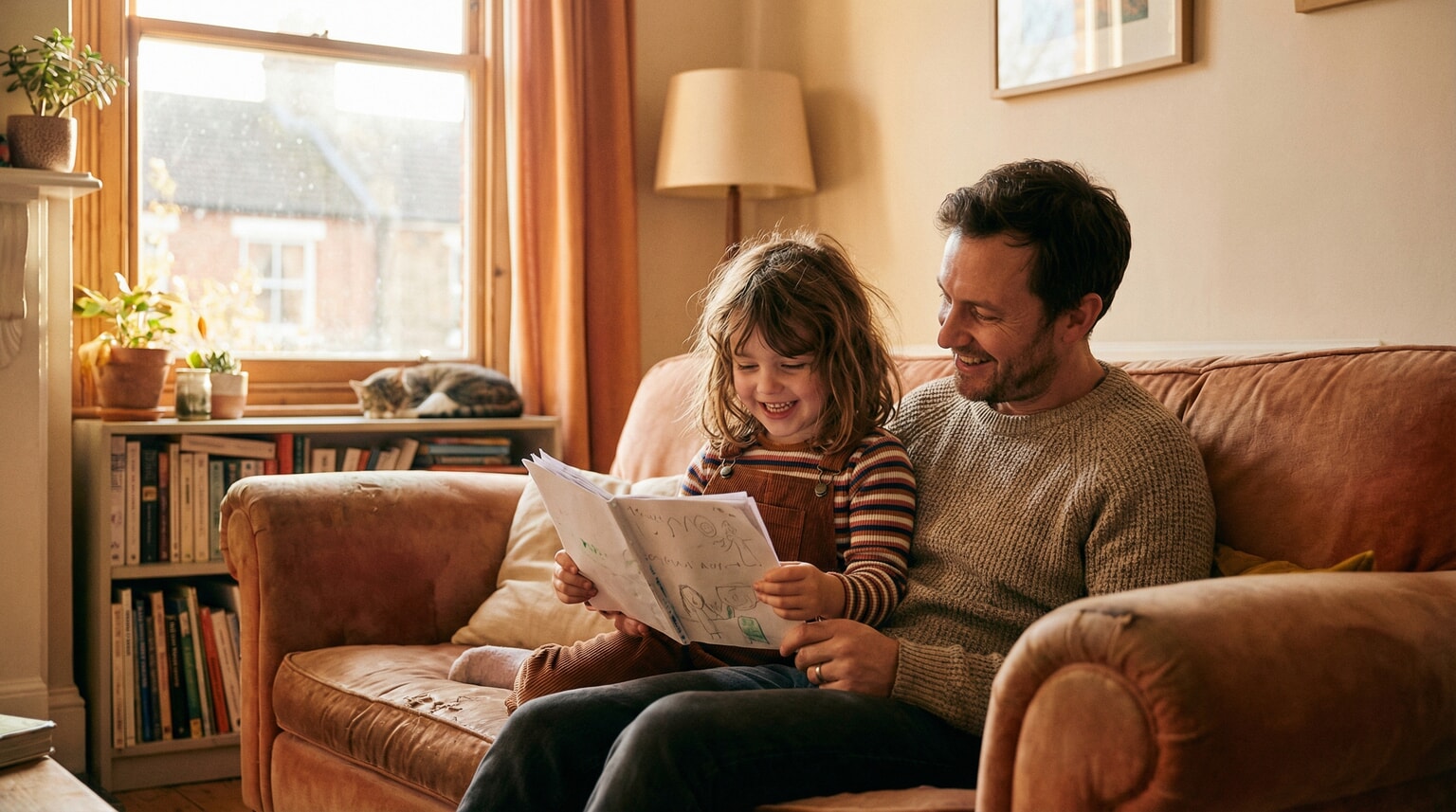 Parent and child sitting together on couch sharing excitement over one special birthday gift