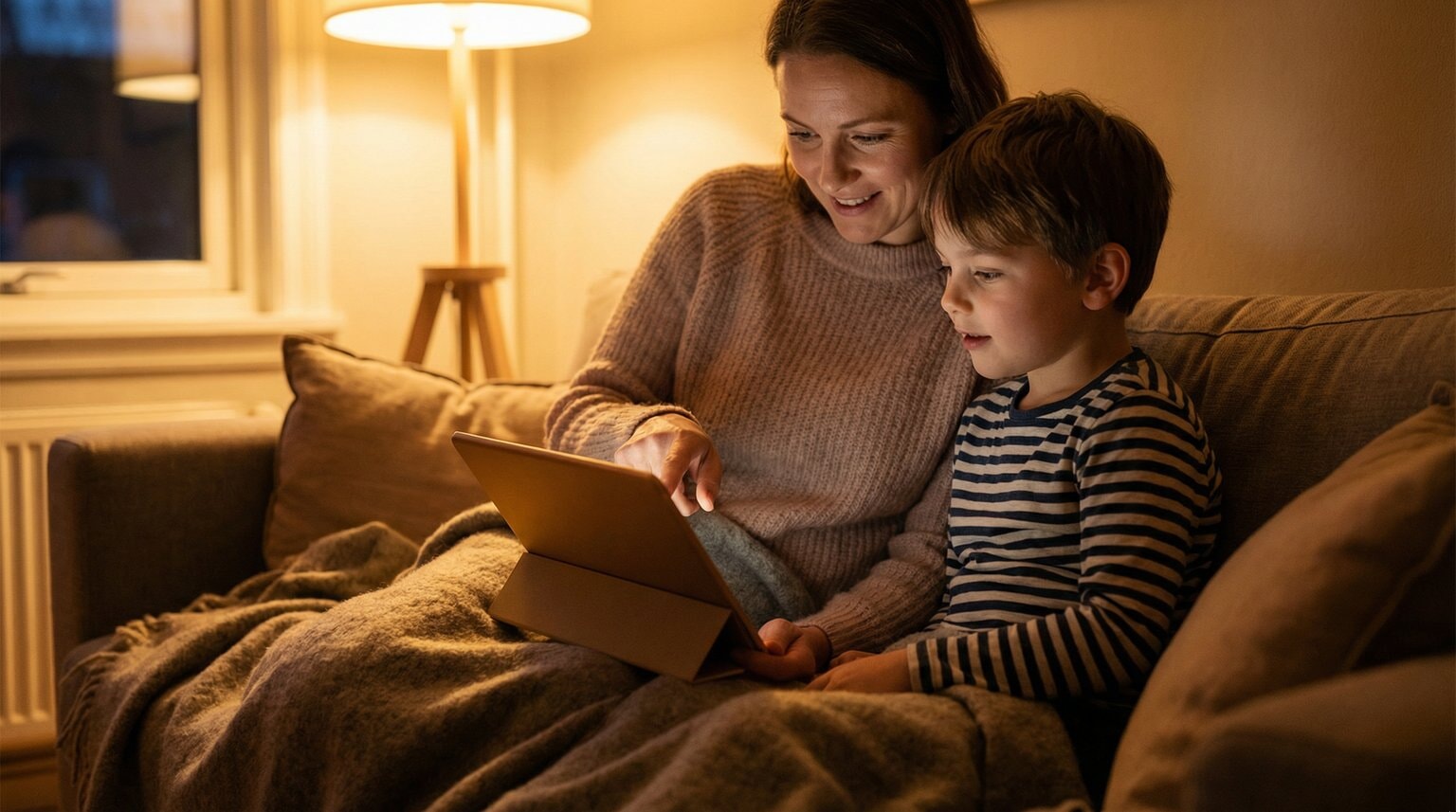 Parent and child around age seven sitting together on couch looking at tablet screen together, parent pointing at something while child looks interested