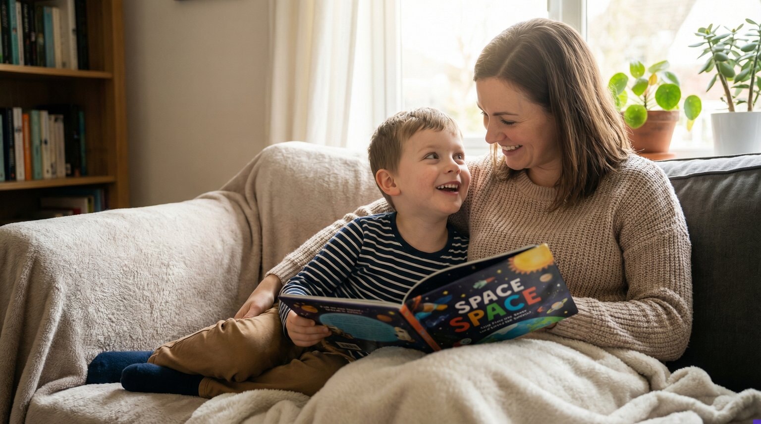 Parent and child sitting together on couch sharing genuine excitement over a single opened gift