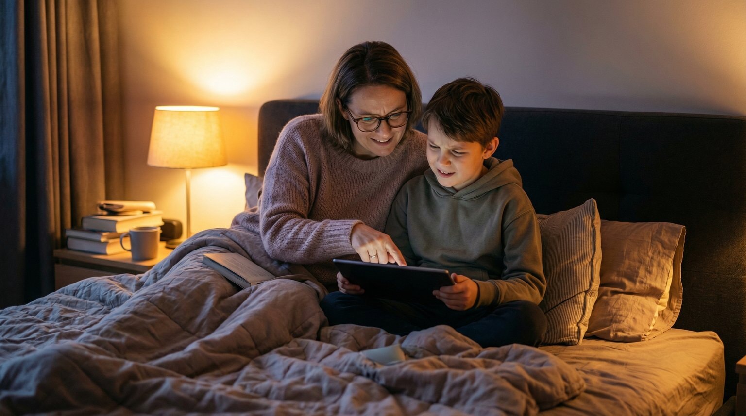 Parent and child sitting on bed looking at tablet together with curious expressions