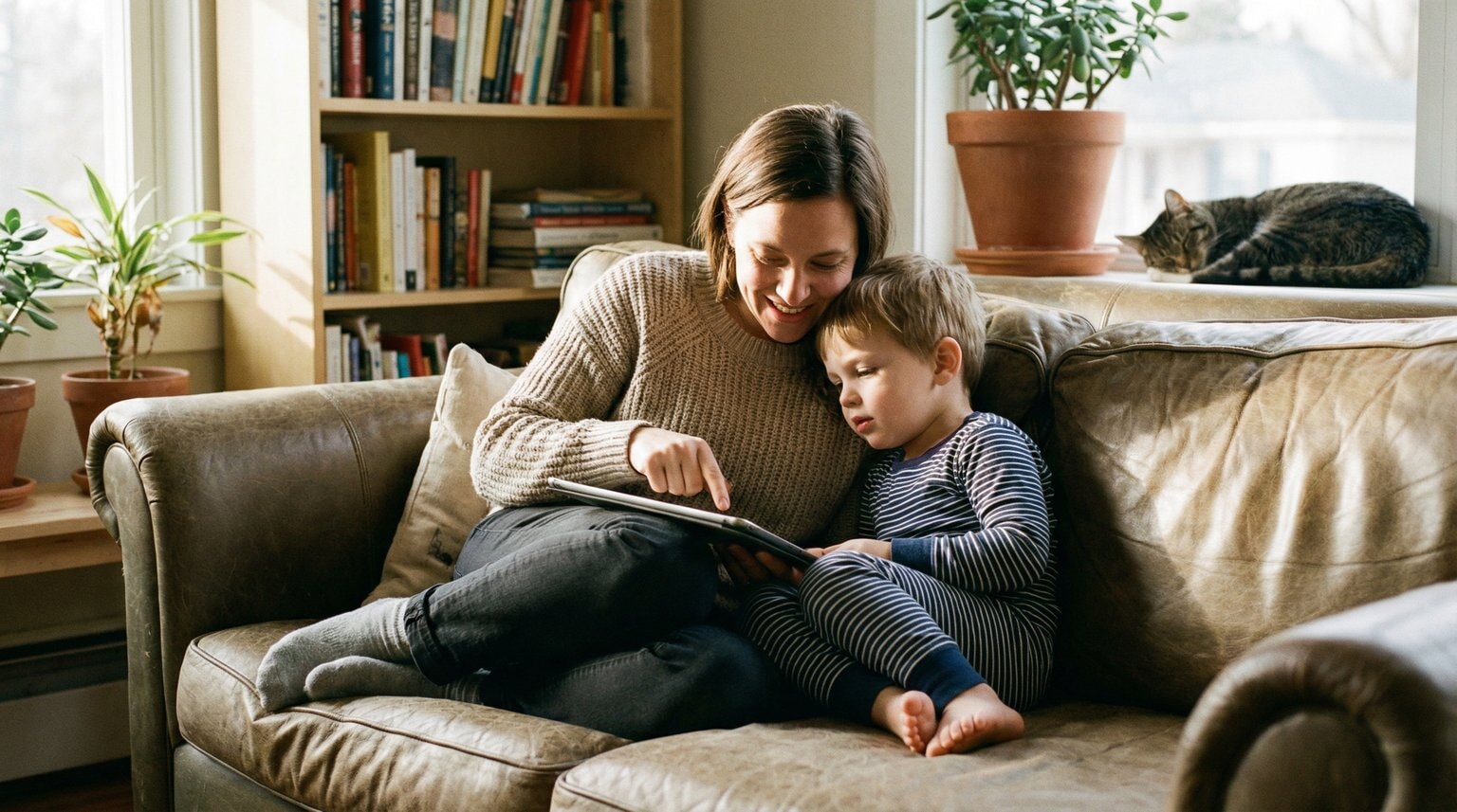 Parent and child sitting together on couch looking at tablet and talking about content