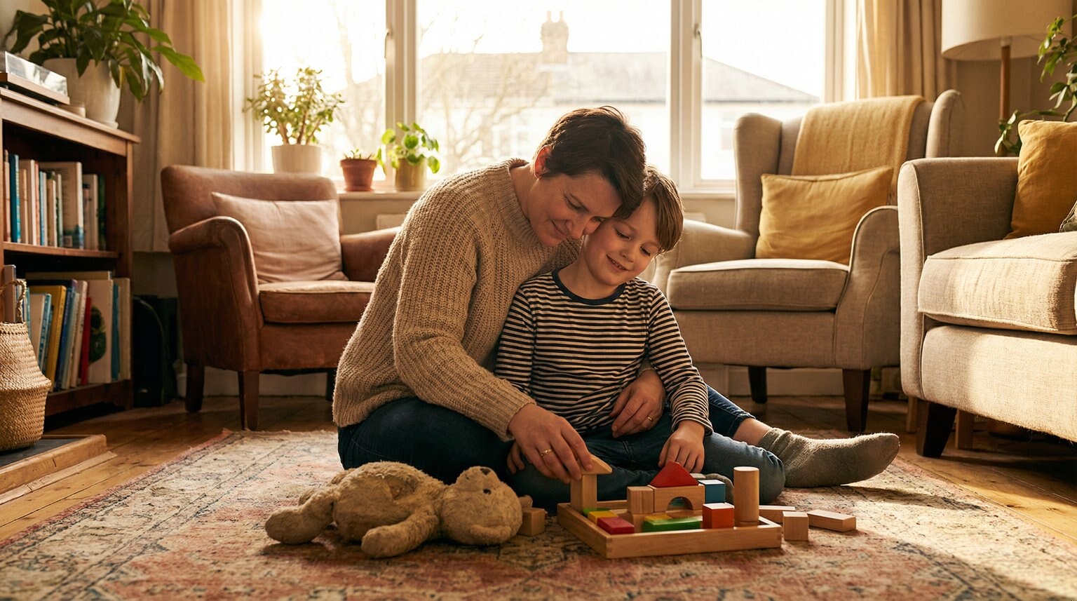 Parent hugging child from behind while they look at toy together on living room floor showing warmth and connection