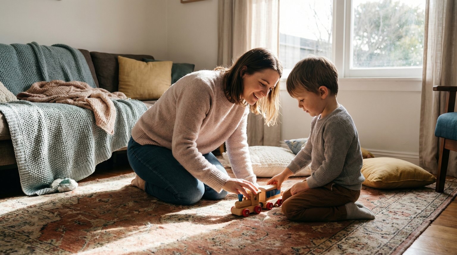 Parent kneeling at child's eye level looking at toy together in warm living room with natural light