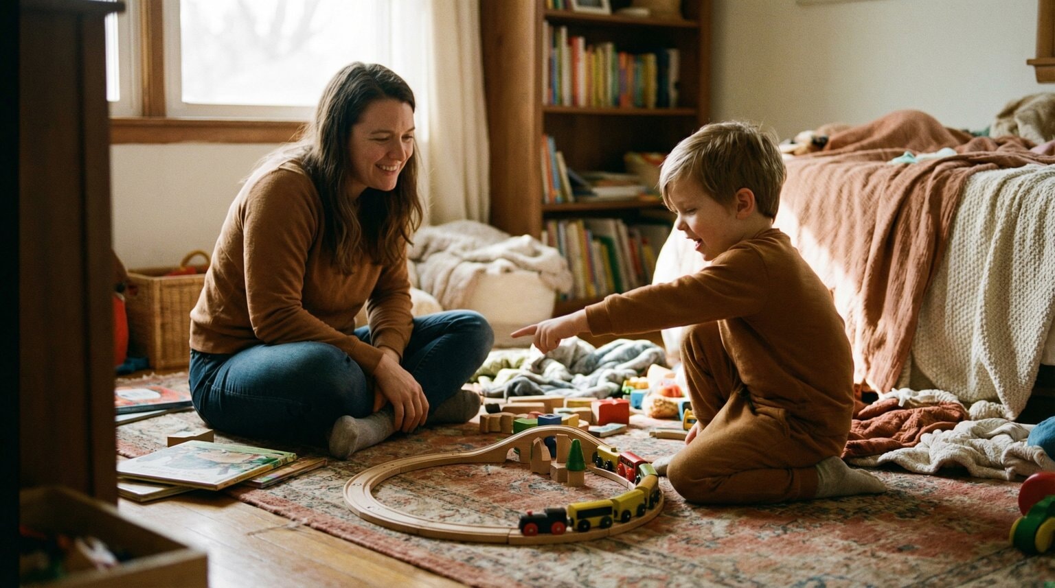Parent and young child sitting together looking at toys spread on bedroom floor