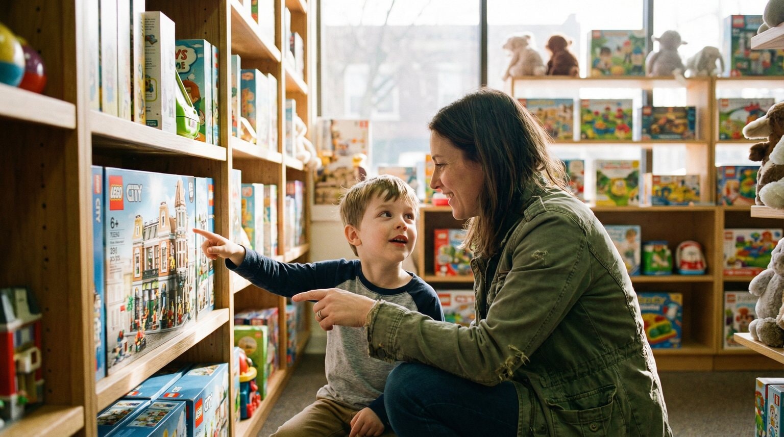 Parent crouching to child's level in toy store aisle while child points excitedly at shelf