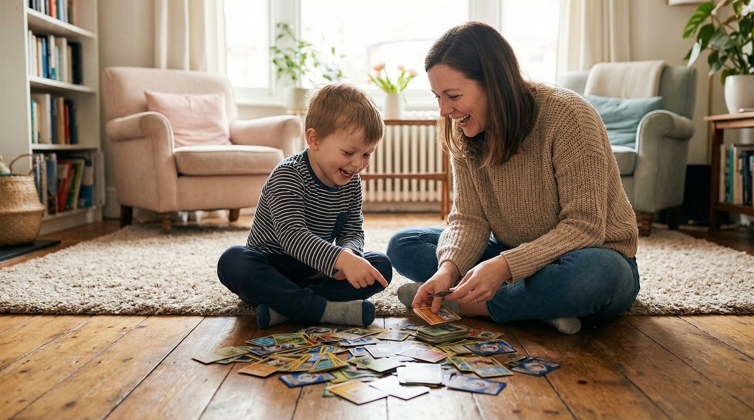 Parent and child sitting on floor sorting trading cards together as equals with genuine enthusiasm