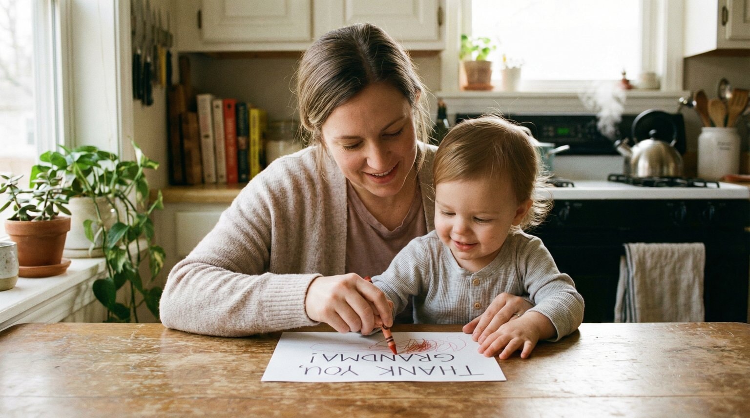 Parent guiding young child's hand while writing thank you note together at kitchen table in warm natural light