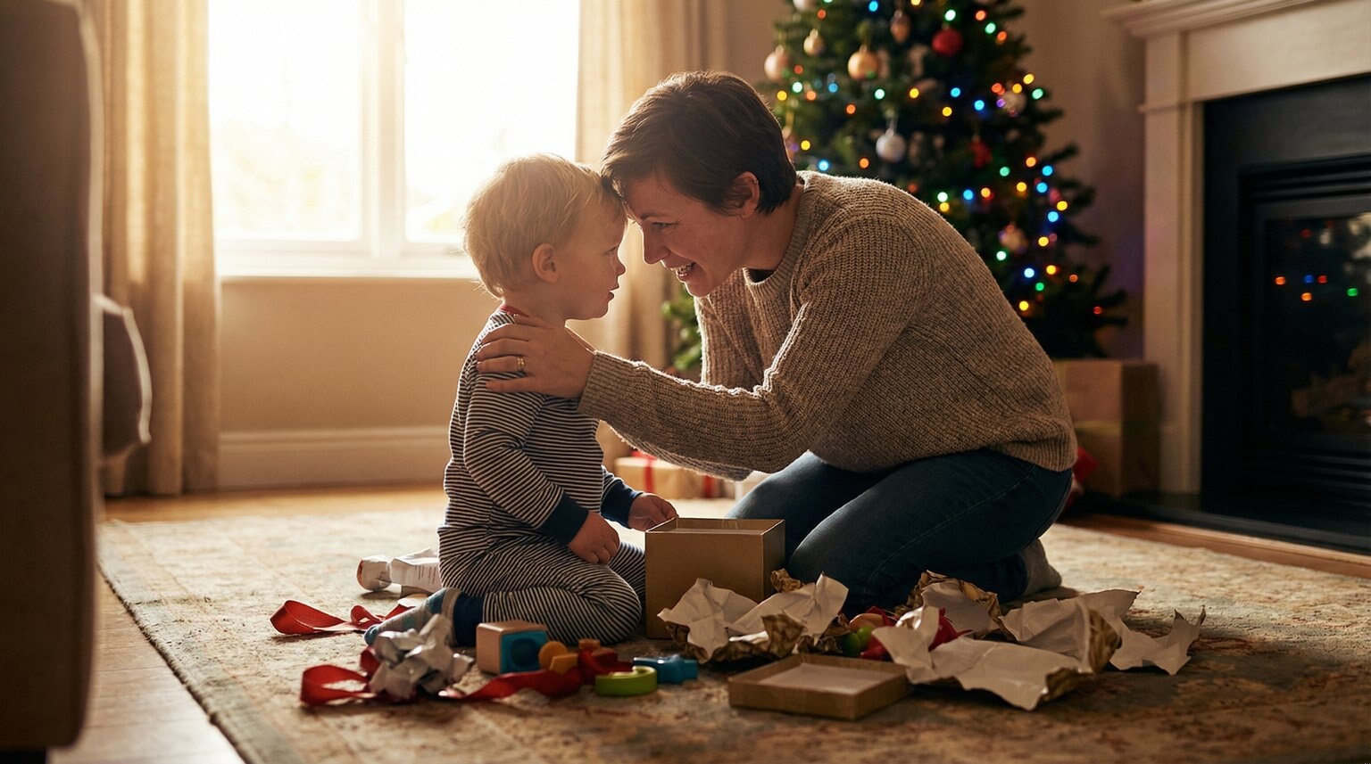 Parent kneeling at eye level with young child near Christmas tree, hand on child's shoulder in supportive moment