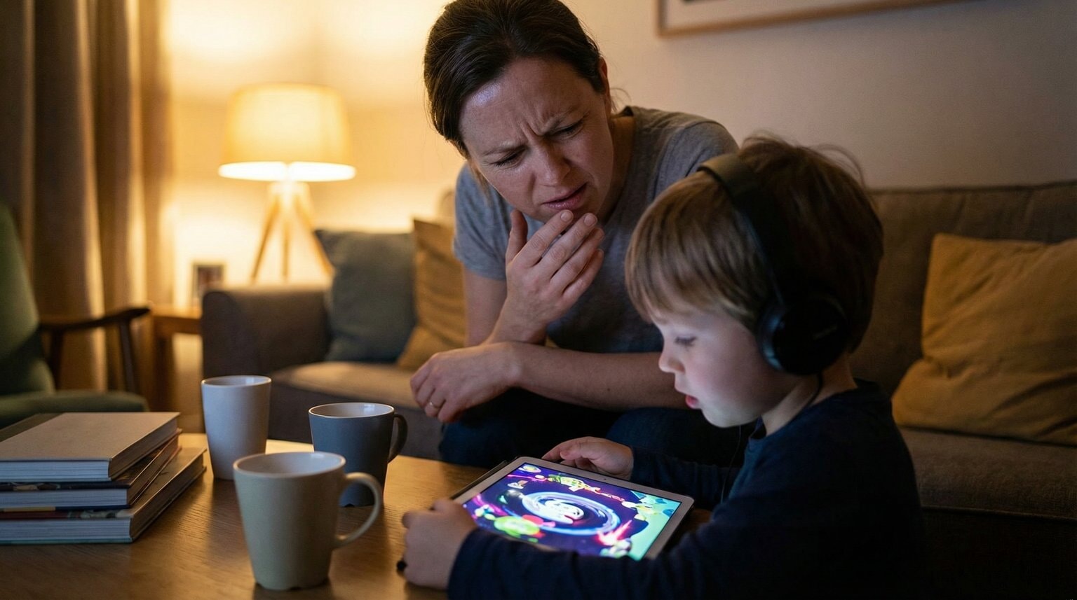 Parent looking over child's shoulder at tablet screen with confused expression while child watches colorful content