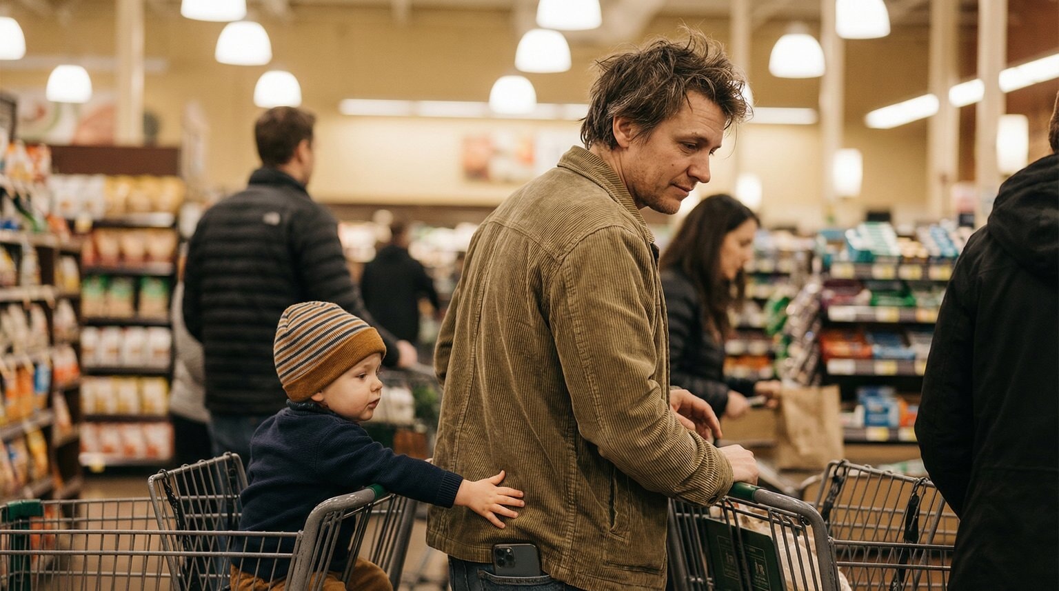 Exhausted parent at grocery checkout while toddler reaches for phone in their pocket