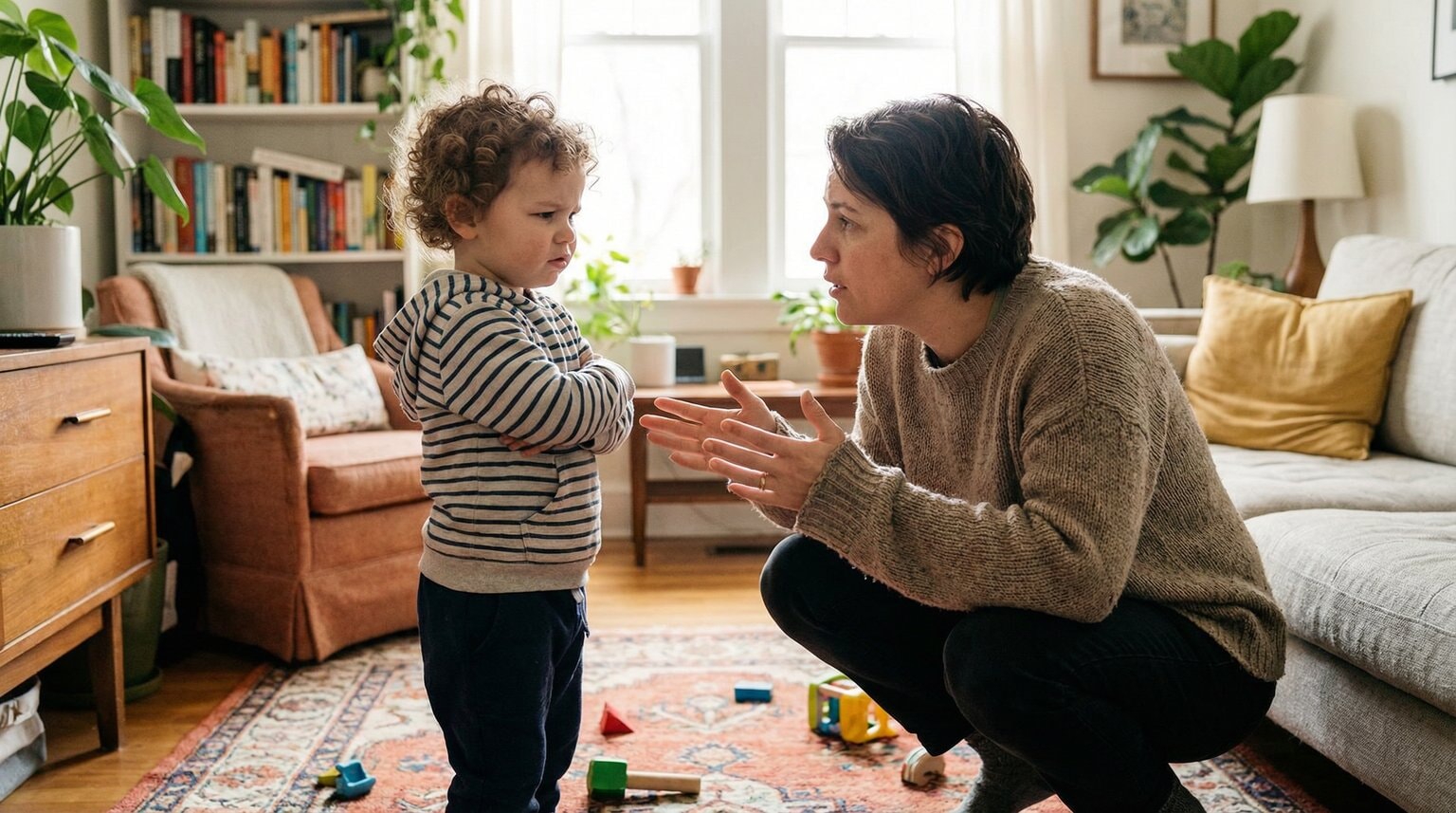 Parent crouching to eye level gesturing enthusiastically to confused and overwhelmed 6-year-old