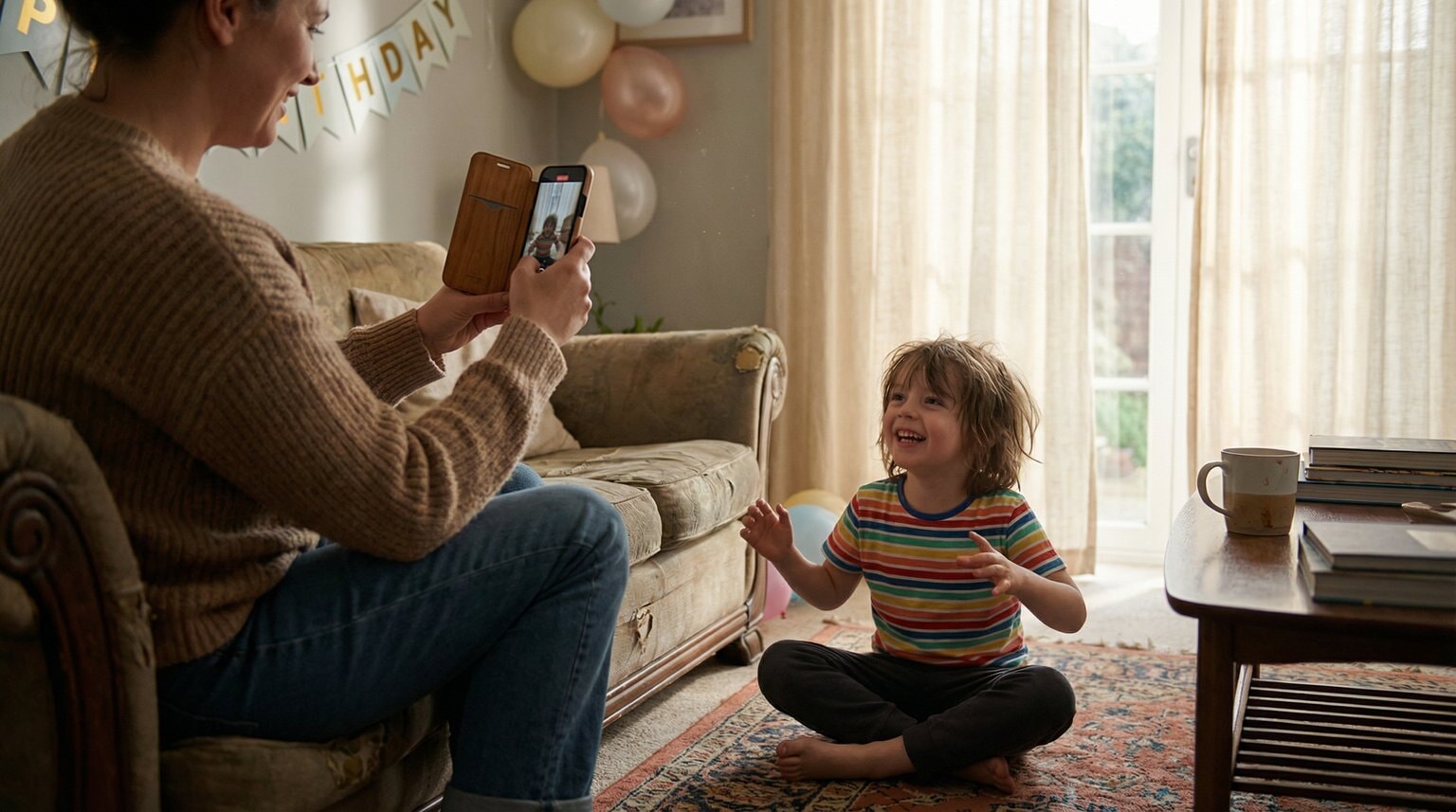 Parent holding smartphone interviewing happy child on living room couch with birthday decorations in background