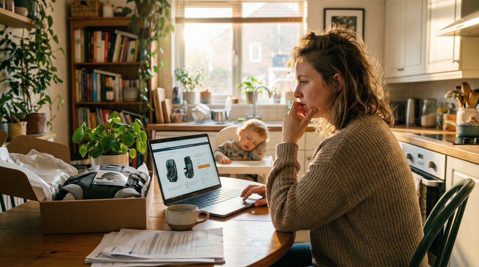 Parent sitting at kitchen table with unwrapped gift and laptop making a thoughtful decision