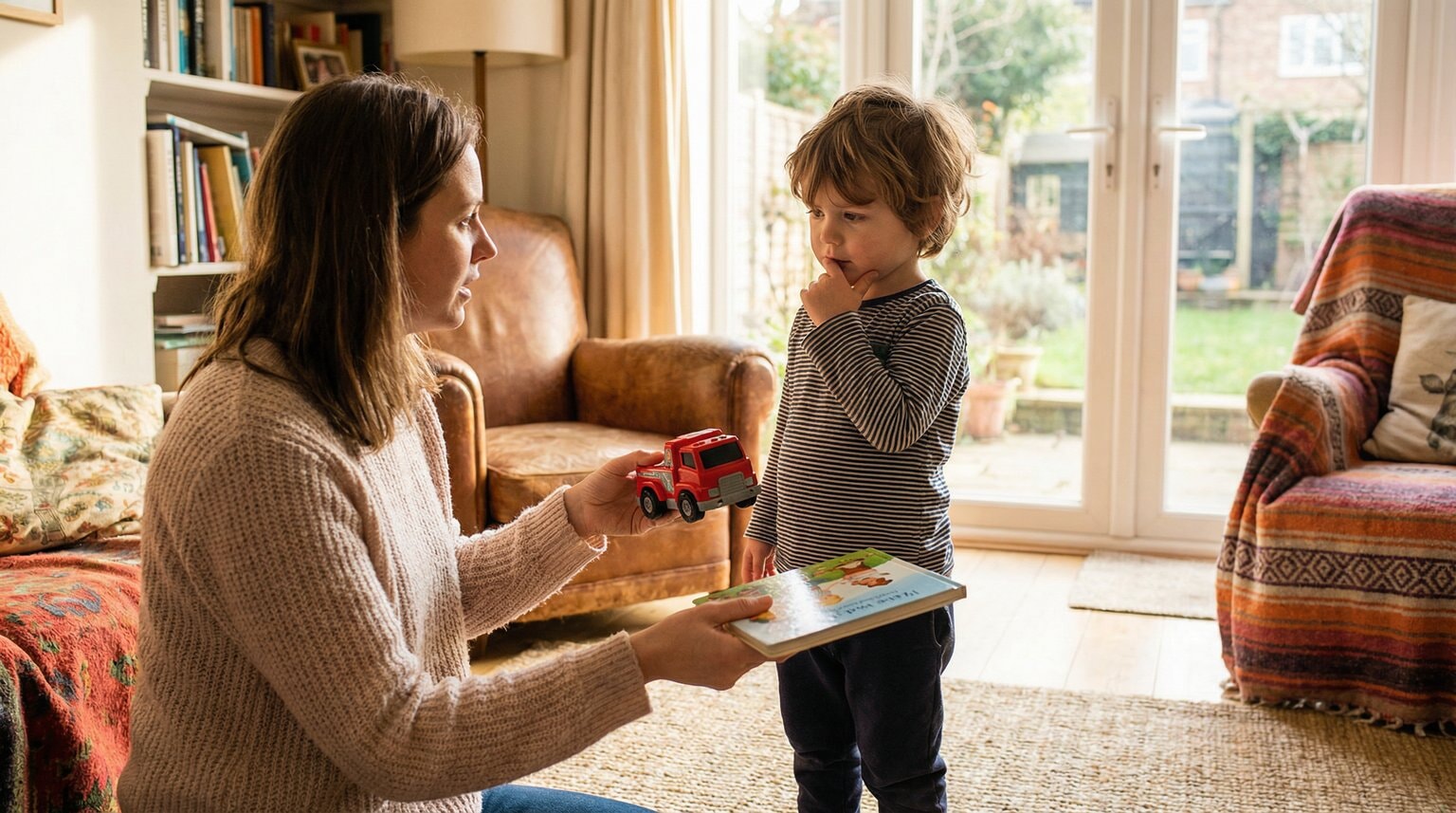 Parent calmly offering two options to preschooler who considers choices thoughtfully