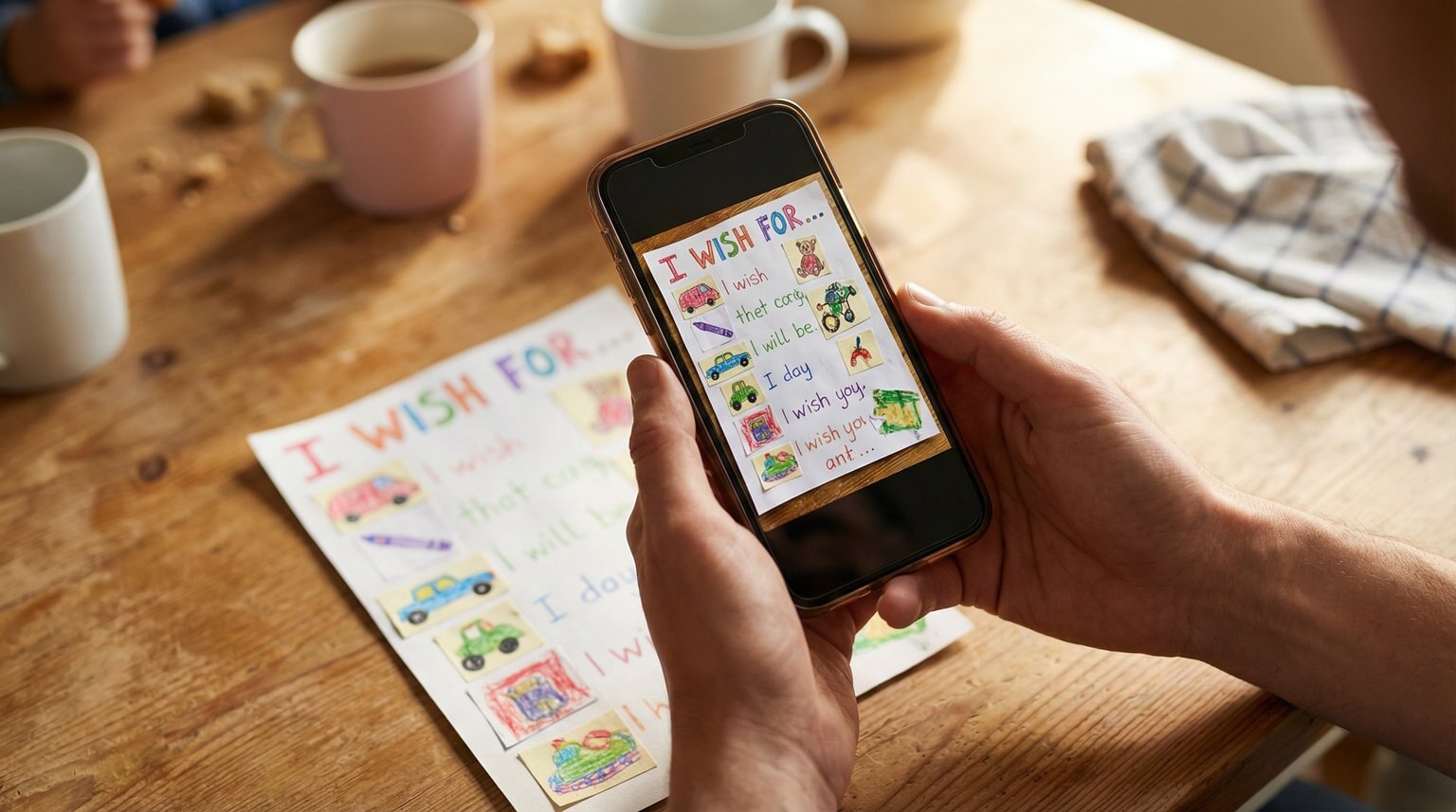 Parent hands photographing colorful handmade child wishlist with smartphone on kitchen table