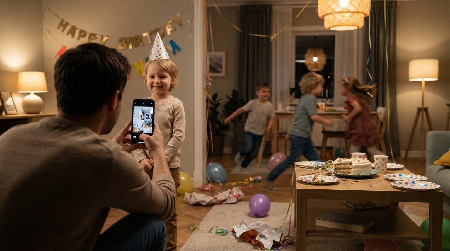 Parent taking phone photo of child at party while background shows messy chaotic real scene