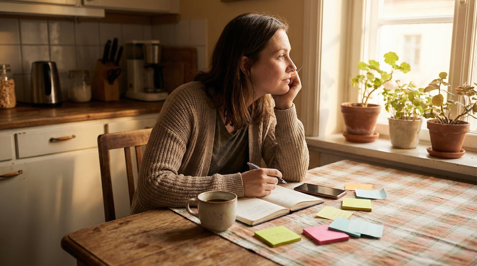 Parent sitting at kitchen table with phone and notebook planning holiday budget