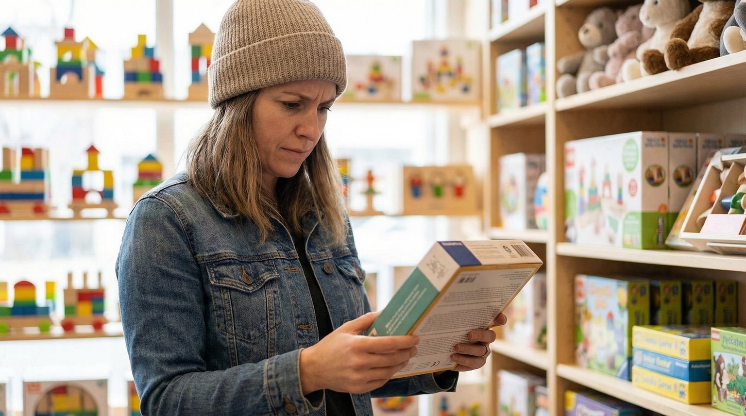 Parent in toy store aisle skeptically reading packaging label on toy box