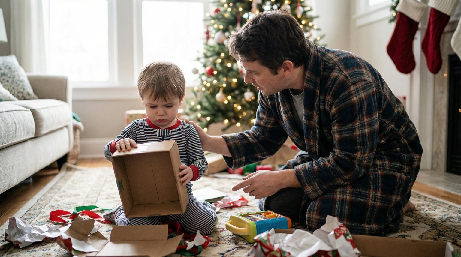 Parent kneeling at eye level gently redirecting slightly disappointed child holding opened gift on Christmas morning