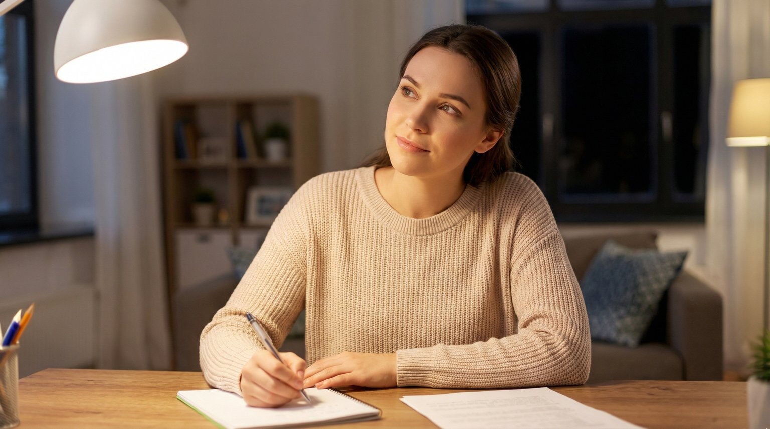 Parent pausing thoughtfully while writing a letter with warm lamp lighting
