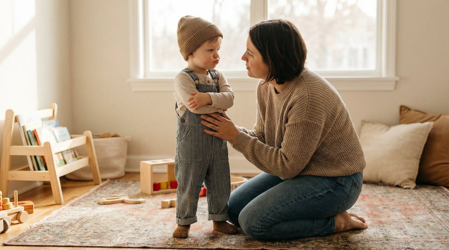 Patient parent kneeling at eye level with reluctant toddler in playroom