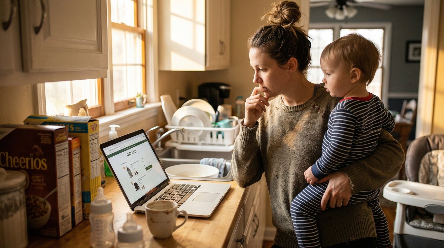 Parent at kitchen counter with laptop and toddler on hip making thoughtful online purchase decision