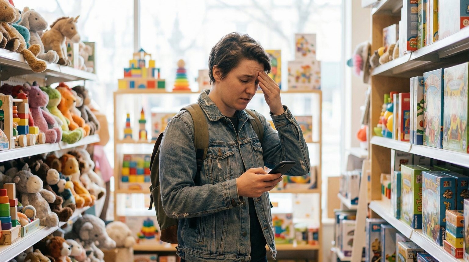 Young parent standing in colorful toy store aisle looking overwhelmed while holding phone and scanning shelves