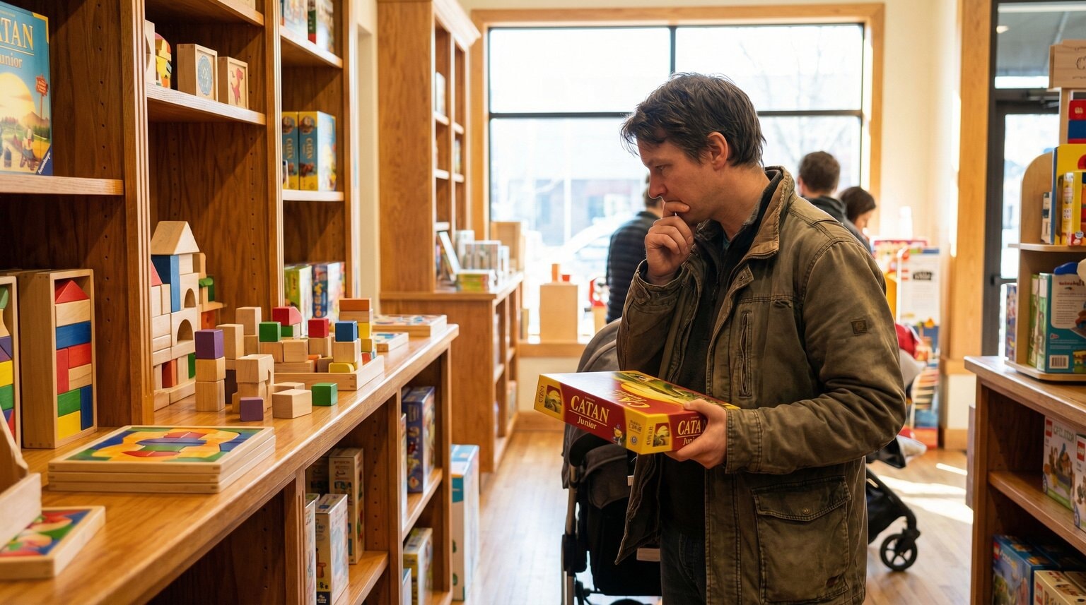 Parent thoughtfully considering toy options while shopping in store aisle