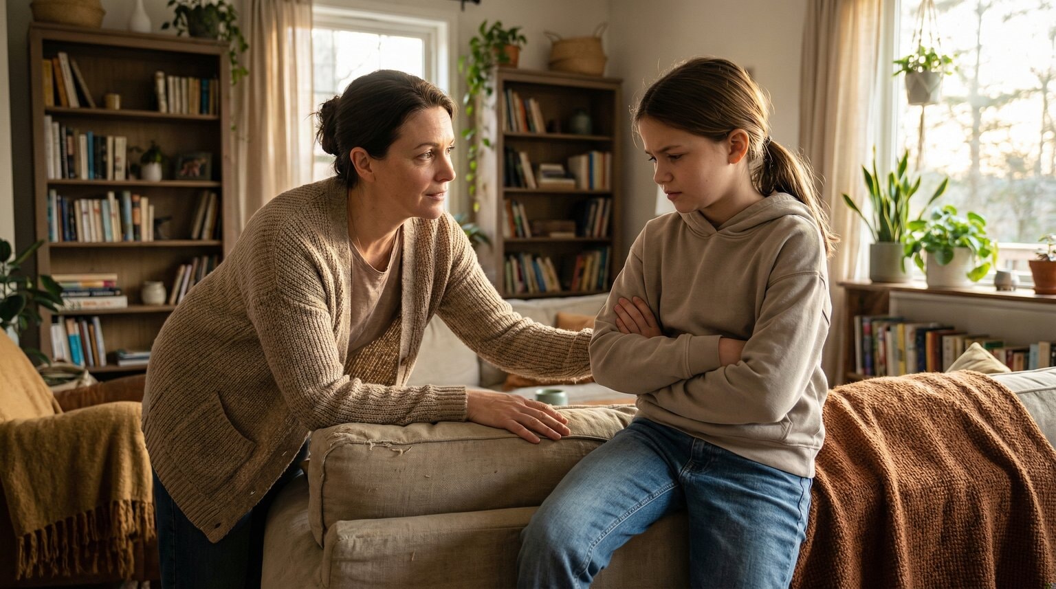 Parent and tween having caring conversation on living room couch about phone use