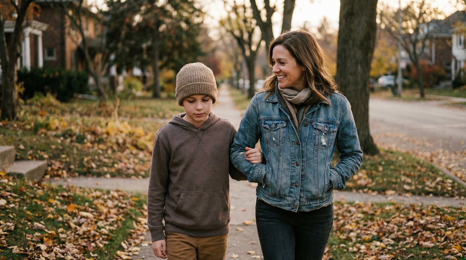 Parent and tween walking together outdoors engaged in relaxed thoughtful conversation