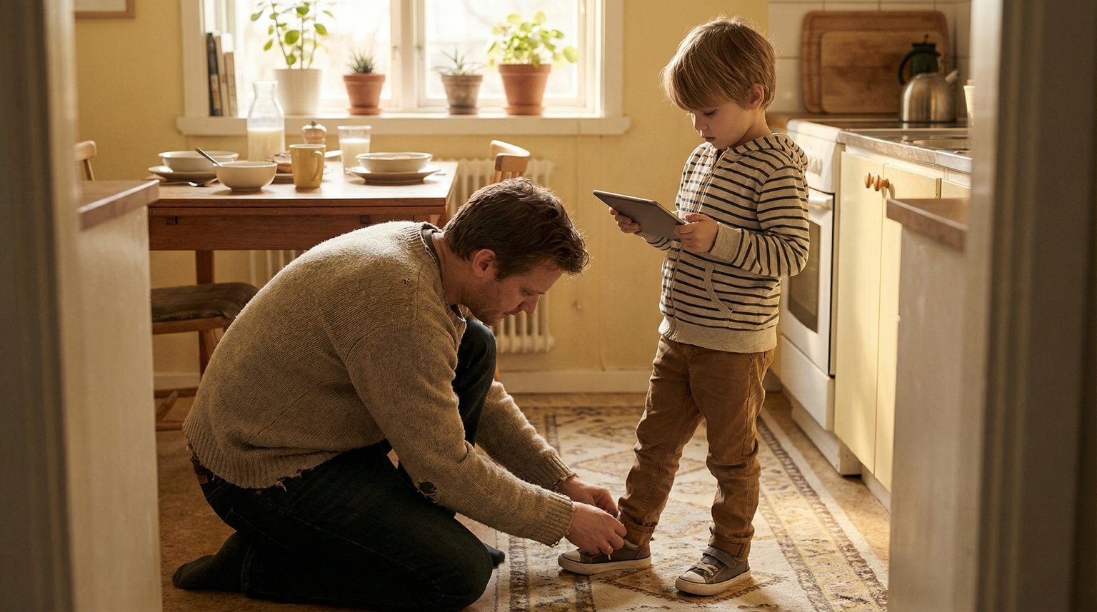 Parent kneeling to tie elementary child's shoes while child looks at tablet passively